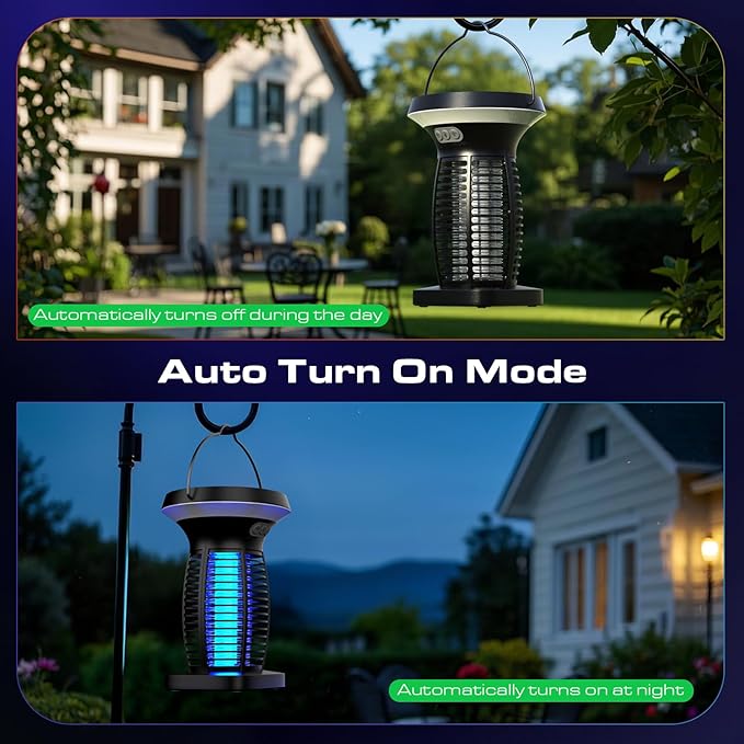 Solar Bug Zapper Outdoor Mosquito Zapper Outdoor Waterproof Electric Rechargeable Fly Zapper with Solar Panel 4200V Fly Trap Indoor for Home Backyard Patio Garden Camping