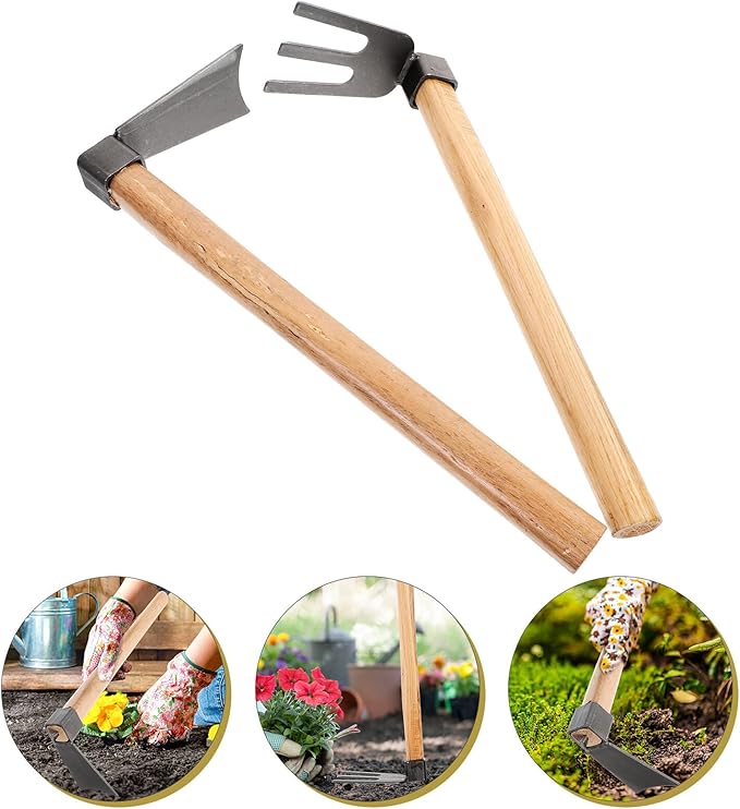 2pcs Garden Tool Set with Wooden Handles – Compact Vegetable Farming Hoe and Household Gardening Rake for Soil Loosening Weeding and Planting in Flower Beds and Vegetable Gardens