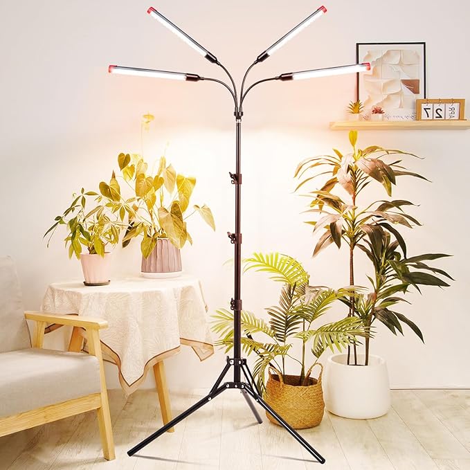 4Head Grow Light with Stand for Tall Indoor Plants Bonsai Tree Bright Full Spectrum Plant Growing Lamps 4/8/12/16/20H Timer 36 Watt Power Draw NO Need Adapter 360° Gooseneck