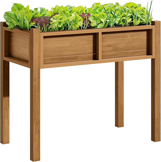 DWVO Raised Garden Bed HDPE with Legs Poly-Wood Weatherproof Elevated Planter Box Outdoor with Drainage System Patio Planters for Herbs Vegetables Flowers Plant Bed for Garden Balcony Backyard Teak
