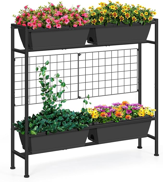 OYEAL Raised Garden Bed with Legs &amp Trellis 32 Tall Vertical Garden Planter Boxes Outdoor Flower Bed for Gardening Vegetables Flowers Herbs Backyard Grey