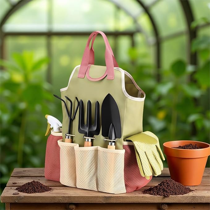 Garden Tool Set 9 Pcs with Wooden Handles Gift for Women &amp Men Includes Tote Bag Transplanter Fork Rake Trowel