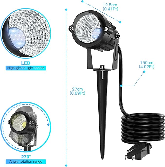 High Brightness 1000LM Outdoor Spot Lights for Yard 6500K Daylight Spot Lights Outdoor with 4.9FT Electric Cord 10W LED IP66 Waterproof Landscape Spotlights for Garden Tree Flag - 2 Pack
