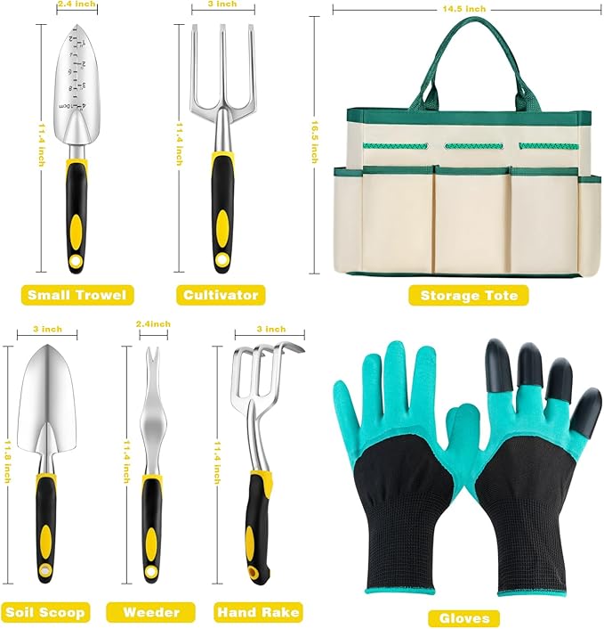 Garden Tools Ergonomic Gardening Tools Gardening Hand Tools Aluminum Alloy Material 7-piece an Ideal Gardening Gift for Women Men and Parents Yellow