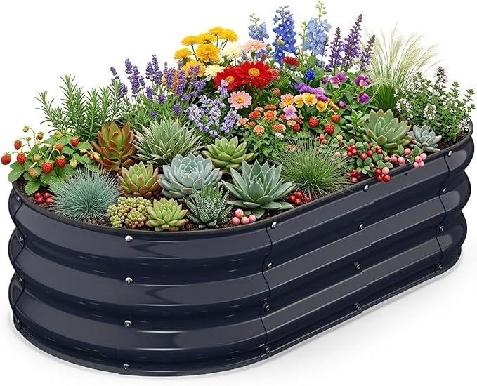 Raised Garden Bed 4×2×1 FT Galvanized Metal Raised Planter Box Decorative Vegetable &amp Flower Planting Container for Patio Entryway Poolside Outdoor Landscaping Midnight Blue