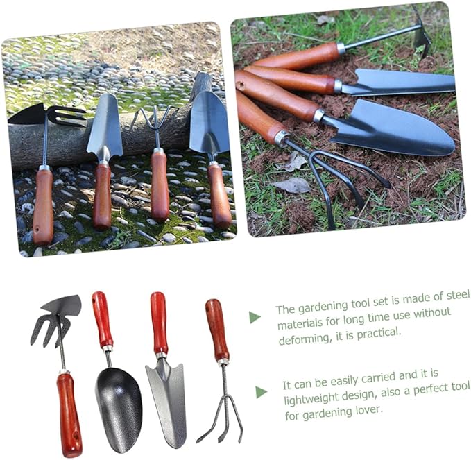Lurrose Garden Tool Set 4pcs Mini Hand Shovel Spade Rake Soil Scoop Metal Gardening Tools for Planting Transplanting and Digging in Garden and Patio