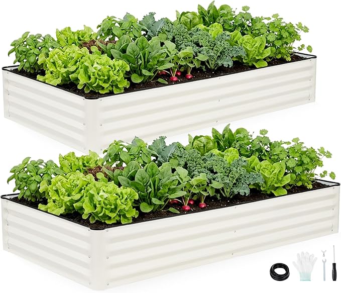 INNO STAGE Galvanized Raised Garden Bed Kits 6x3x1ft Metal Raised Garden Beds Outdoor Large Steel Raised Planter Bed with Gloves for Vegetables &amp Flowers Patio Ground Planter Box (White 2PCS)