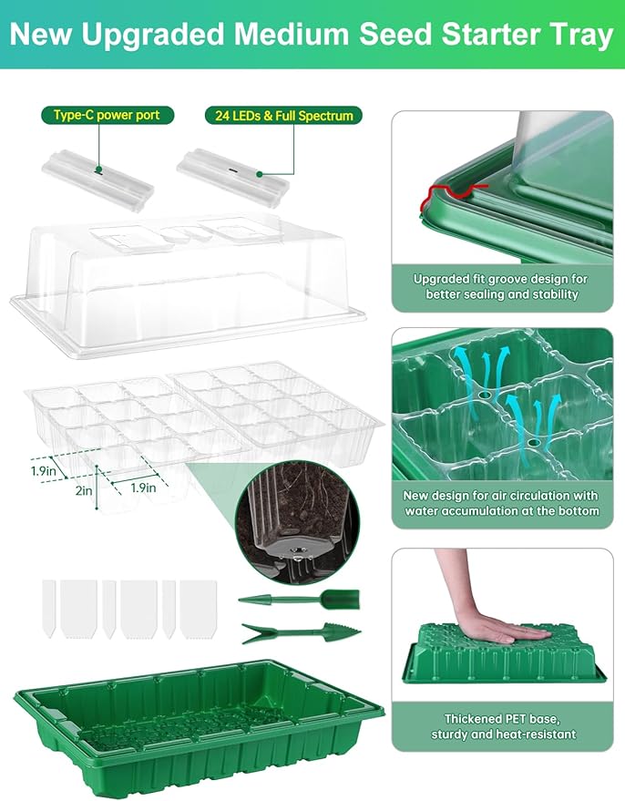 Large Seed Starter Trays with Heat Mat Seed Starter Kit with 48 Full Spectrum LEDs 24 Large Cells Seed Germination Kit with Adjustable Humidity Vents for Indoor Plants Seeds Starting