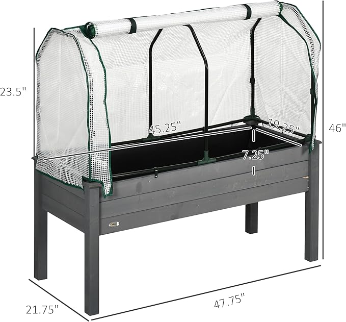 Outsunny Raised Garden Bed with PE Greenhouse Cover Outdoor Elevated Wood Planter Box for Herbs and Vegetables Use for Patio Backyard Balcony 48 x 22 x 46 inch Dark Gray