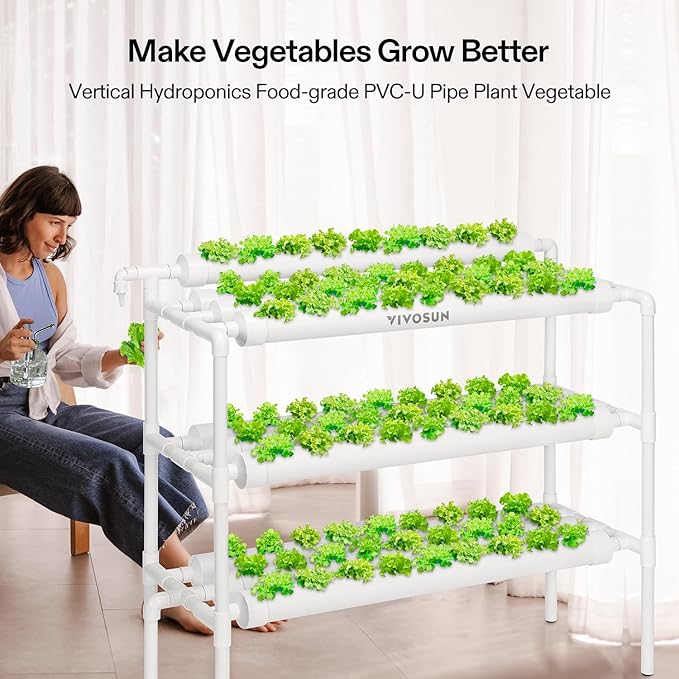 VIVOSUN Hydroponics Growing System 90 Plant Sites 3 Layers 10 Food-Grade PVC-U Pipes Hydroponic Gardening System Grow Kit with Water Pump Pump Timer Nest Basket and Sponge for Leafy Vegetables