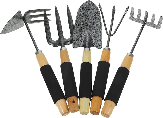 5pcs Garden Tool Set with Shovel Hand Rake Hoe Fork and Five-Tooth Rake Wood Handle Small Garden Tools for Planting and Lawn Care
