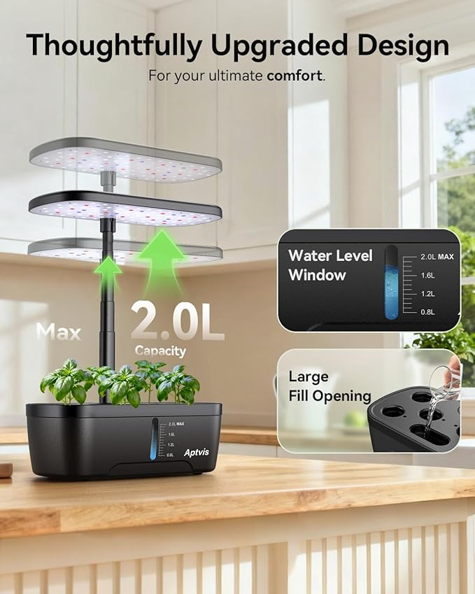 Hydroponics Growing System 6 Pods Smart Indoor Herb Garden with LED Grow Light Auto Timer Height Adjustable Quiet Pump Gardening Gifts for Mom Women - Black