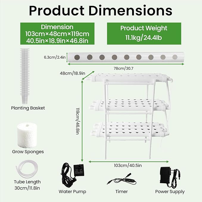 Upgraded Hydroponics Growing System108 Plant Sites 3 Layers 12 Food-Grade PVC-U Pipeshydroponics Growing System Kit Gardening Systems Grow Kits with Water Pump Timer nests Basket and Sponge