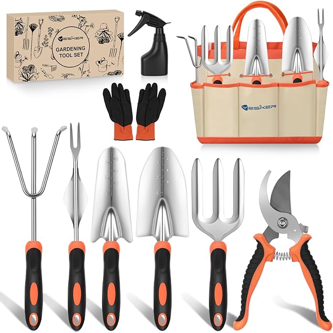 Yesker Gardening Tools 9-Piece Heavy Duty Garden Tool Set Gardening Supplies Gifts for Women Men Gardening Hand Tool Kit with Non-Slip Ergonomic Handle Garden Bag Durable Gloves and Shears Orange