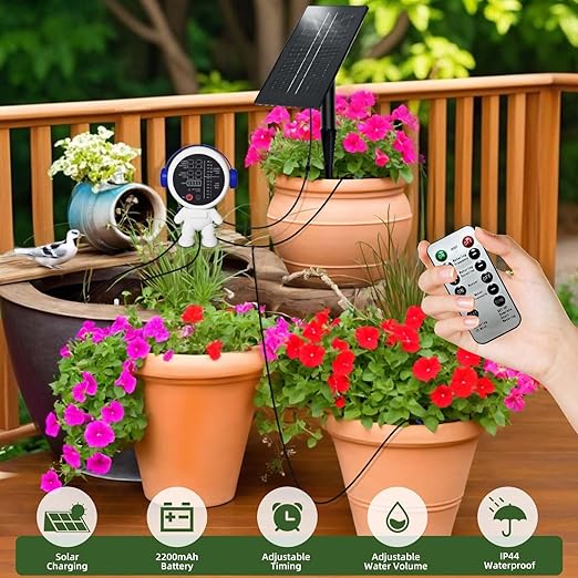 Solar Drip Irrigation System for Garden/Outdoor/Indoor Garden Solar Automatic Watering System for 15 Potted Plants Vacation Automatic Plant Waterer Outdoor with 2500mAh Battery 50Ft Tube