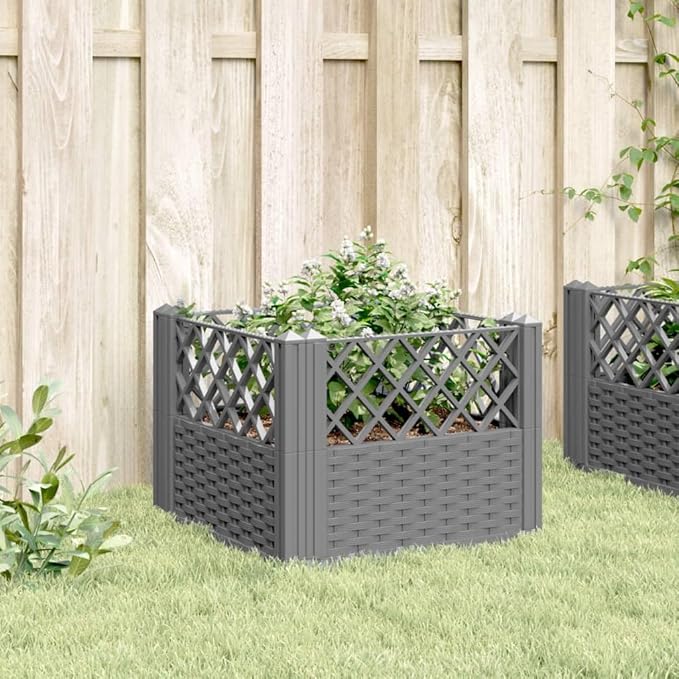 Modular Garden Planter Light Grey 17.1 x 17.1 x 17.1 in UV-Resistant PP Raised Garden Bed with Rattan Texture for Balcony Patio Terrace Outdoor Use