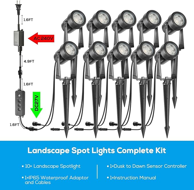 SUNTHIN 10 Pack Landscape Lighting with Dusk to Dawn Sensor Controller Bundle with 2pcs 6.5FT Extension Cord