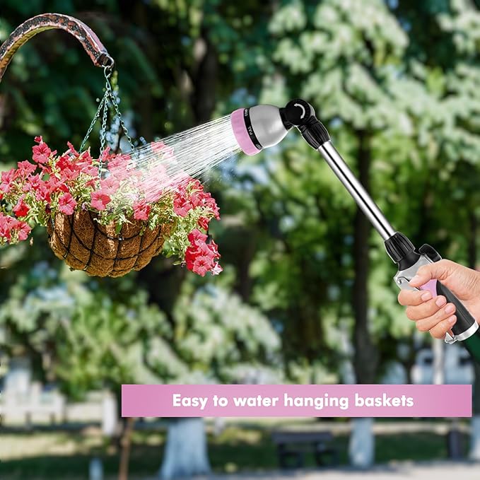 RESTMO Metal Watering Wand Heavy Duty Garden Hose Wand with 180° Swivel Ratcheting Head 16'' Hose Nozzle Sprayer with 7 Spray Patterns and Flow Control for Water Hanging Baskets and Shrubs Pink