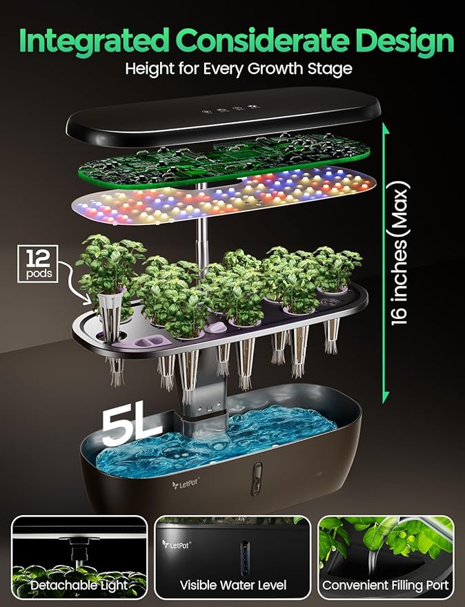 LETPOT Hydroponics Growing System 12 Pods Indoor Herb Garden Kit with 24W LED Grow Light 5.5L Water Tank &amp 16 Adjustable Height Smart Indoor Gardening System for Kitchen Home &amp Gift
