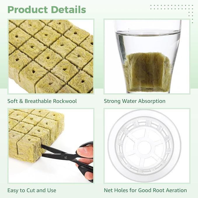 72 Piece Hydroponic Set Rockwool Cubes with Net Pots Fast Germination &amp Strong Water Retention for Healthy Plant Growth