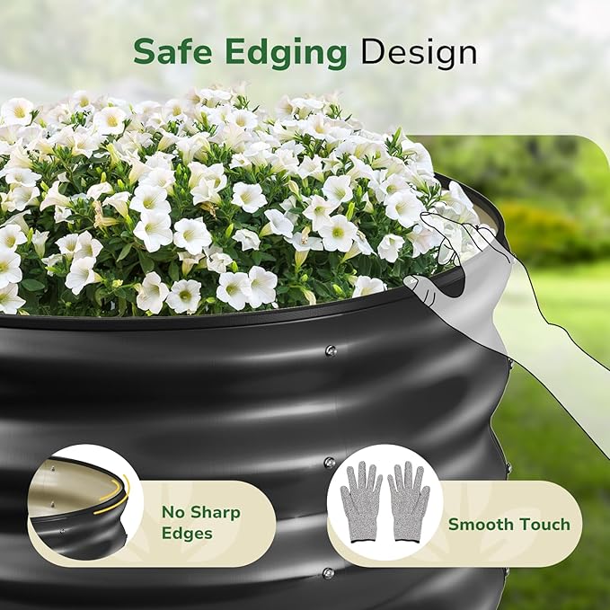 GreatBuddy 2x2x1 ft Round Galvanized Raised Bed Easy-Assembly Raised Garden Bed with Anti-Cut Gloves &amp Tools Rust-Proof Garden Bed for Outdoor Vegetables Herbs Small Trees Black