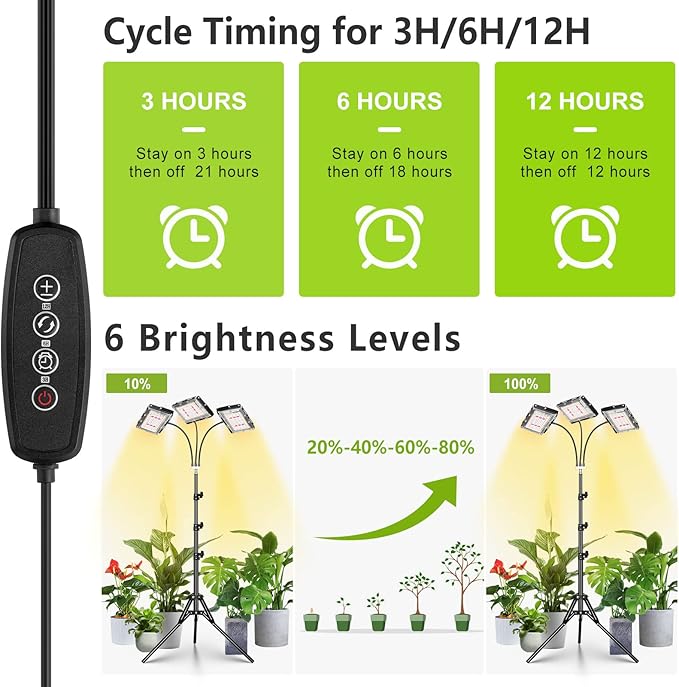 LORDEM Plant Grow Light with Stand Full Spectrum LED Growing Lamp Tri-Head with 3H/6H/12H Timer 6 Dimmable Levels 3 Lighting Modes 15-63 Adjustable Tripod