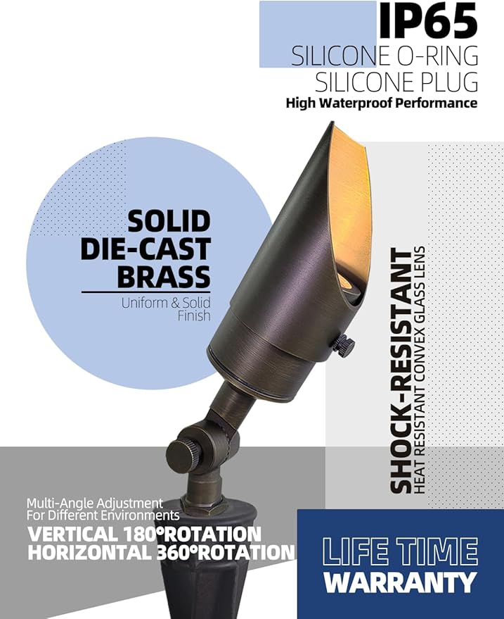 MALORY Brass Landscape Spotlight 1-Pack with MR16 Bulb Kit(S04) Low Voltage 12V AC/DC Shroud Adjustable Outside Yard LightingPVC Ground Stake and Wire Connector Included 5W 2700K Warm White