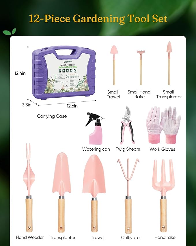 12-Piece Womens Gardening Tools Gift Set Rust-Proof &amp Heavy-Duty Garden Tools with Durable Carrying Case Fashionable &amp Thoughtful Gardening Gifts for Women&ampMen (Purple-Pink)