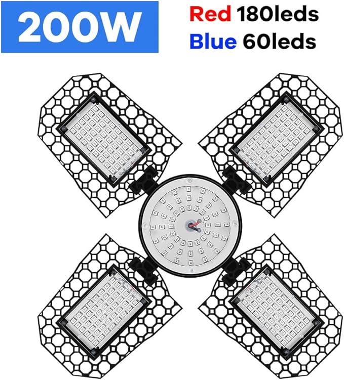 4Pack 200W Deformable LED Grow Lamp Sunlight E27/E26 Full Spectrum Plants Lights 4Adjustable Panels Greenhouse Tent Hydroponics Lamps 100-277V Garden Vegetables Fruit Flower Seed Indoors Fill Lighting