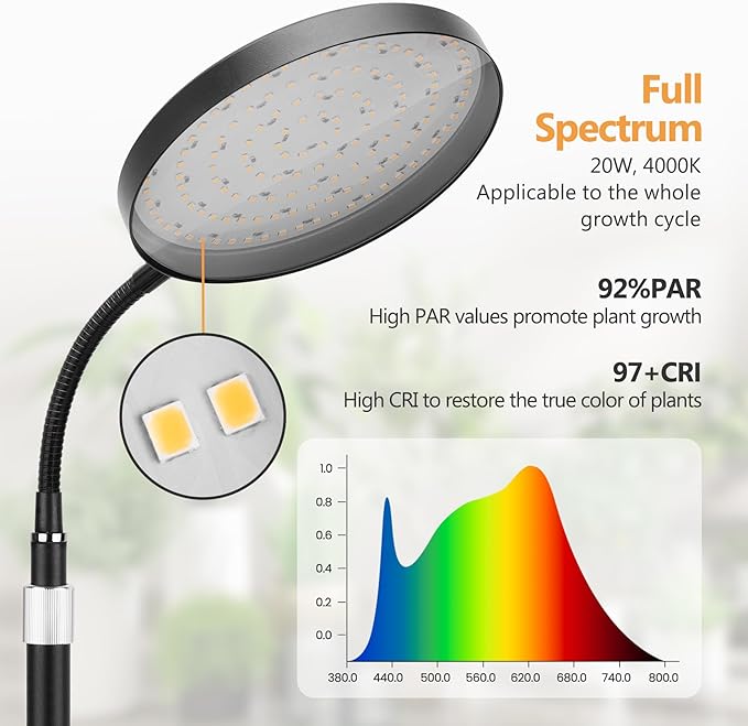 Grow Lights for Indoor Plants Full Spectrum with High Aluminum Stand31.5-63in Height AdjustablecAuto Timer Flexible Gooseneck10-Level Dimmable Floor Lamp for Small Tall Large Plant Growth