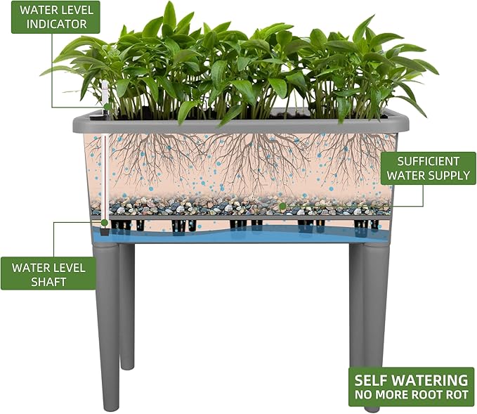 Dexceder 13.2 Gallon Self Watering Raised Garden Bed with Ventilation Transparent Lid Greenhouse Deepen Vegetable Flower Box Planter Pot with Removeble Legs &amp Water Level Indicator (Deep Gray)