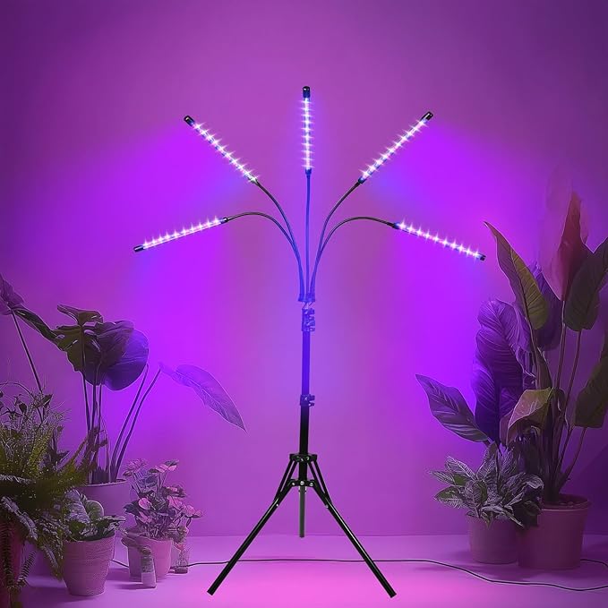 5-Head Floor Plant Lights - 15-63 Adjustable Stand Dual-Band Red/Blue LEDs - Remote Control &amp Auto Timer for Large Indoor Gardens Vegetables Flowering Plants (5-Head)