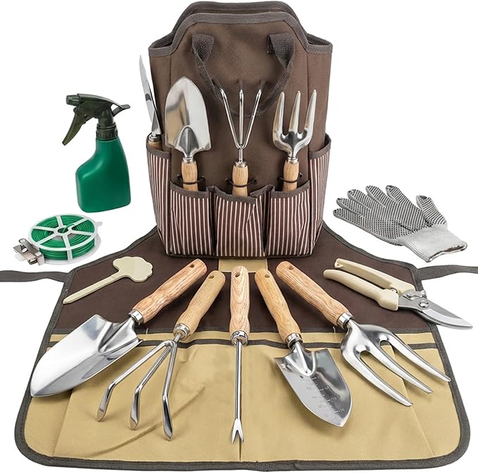 Garden Tool Set Beswill 12 Pieces Heavy Duty Gardening Hand Tools with Garden Tools Organizer Handbag Apron Rust-Proof Stainless Steel Gardening Kit Wood Handle Ideal Garden Gifts for Women Men
