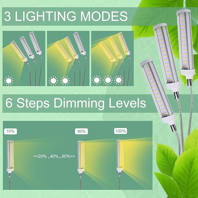 Plant Grow LightGrow Light for Indoor Plants with 20-60'' Height Adjustable- Full Spectrum Timer 3 Switch Modes Adjustable Tripod Stand &amp Gooseneck for Larger Plants (Tri Heads)