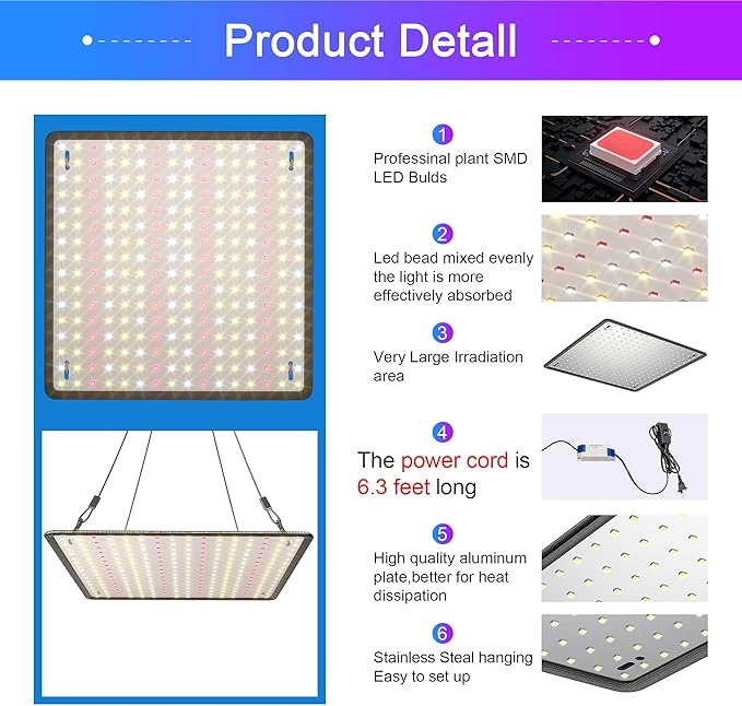 2 Pack LED Grow Light Panel 200W Lamp for Indoor Plants Sun Like with White Blue Red UV IR LEDs for 4x4ft Coverage Grow Tent Greenhouse Veg and Bloom Seedlings Hydroponics