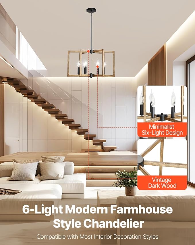 VEVOR 6-Light Chandelier Metal Farmhouse Chandelier Adjustable Height Dining Room Hanging Light Fixture for Ceilings Modern Chandelier for Bedroom Foyer Hall Kitchen Living Room and Entryway