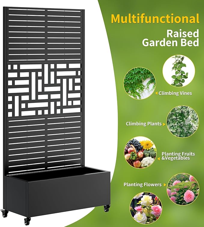 Metal Planter Box with Trellis Outdoor Raised Garden Bed with 4 Wheels Trellis Features Drainage Holes 72X47X16 Privacy Screen with Planter Box for Climbing Plants Vegetables (C-Black)