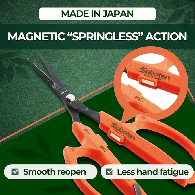 Saboten 6.3 Japanese Harvesting Shears Magnetic Springless Assist Fine-Tip Angled Blade Fluorine-Coated Stainless Steel Ergonomic Non-Slip Grip Safety Lock Made in Japan