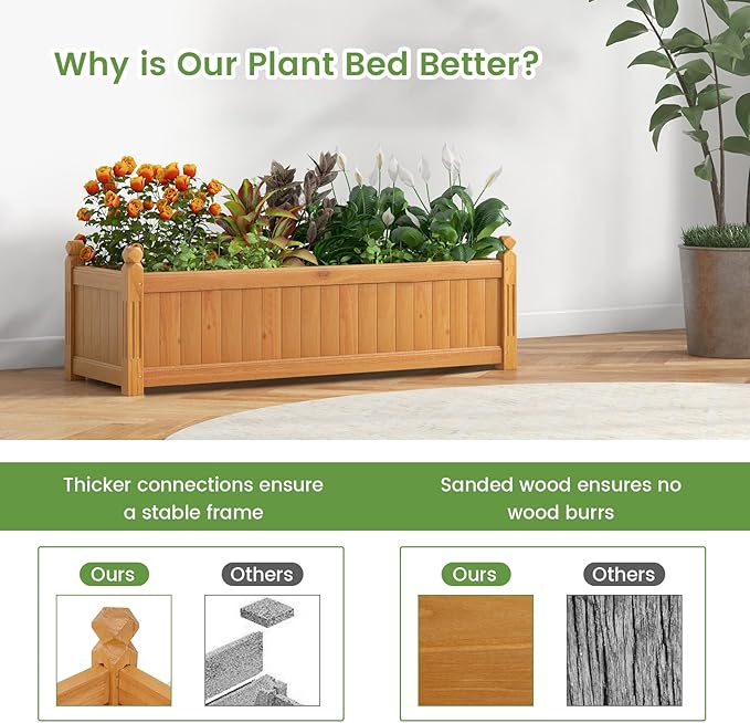 Wooden Raised Garden Bed 43.5 L x 16 W x 14 H Outdoor Planter Box with Drainage Holes Rectangular Garden Bed for Flowers Herbs Vegetables Fruits Backyard Patio Balcony