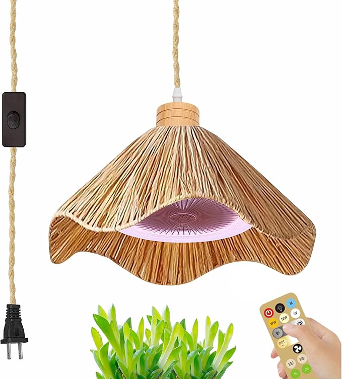 30W Full-Spectrum Lamp with 4 W Fan Timer Swag Hanging Boho Plant Growing Light by Remote Control Plug-in Hemp Rope Cord Dimmable Natural Cone Shade for Indoor Planting Portable