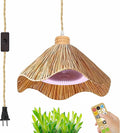30W Full-Spectrum Lamp with 4 W Fan Timer Swag Hanging Boho Plant Growing Light by Remote Control Plug-in Hemp Rope Cord Dimmable Natural Cone Shade for Indoor Planting Portable