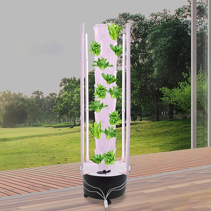 Vertical Hydroponics Growing Kit Modular Hydroponic Tower with Water Pump &amp Timer Function Mobile Hydroponic Growing Kit for Leafy Vegetables Strawberries &amp Chilies (White+Black 8Layer-48 P
