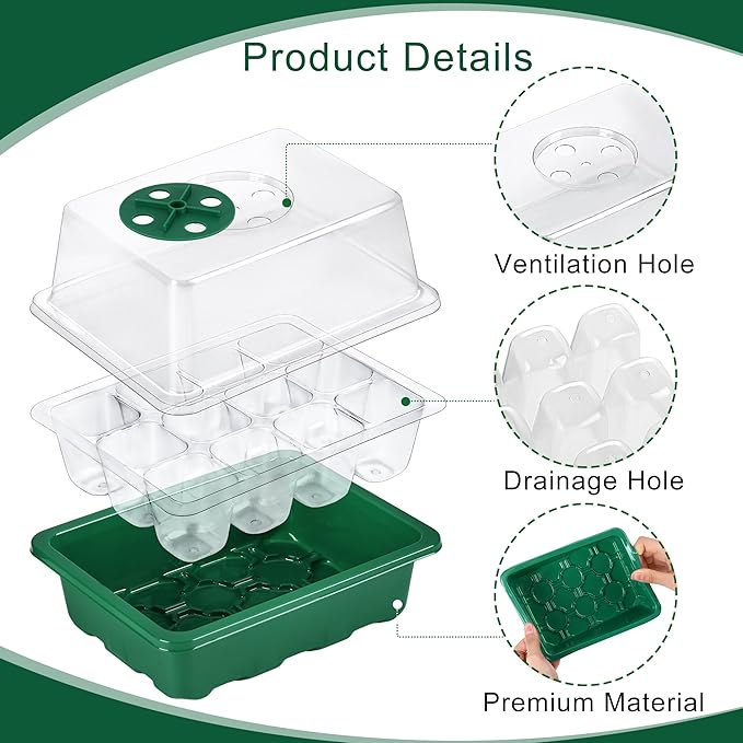 6 Pack Seed Starter Tray Kit with Grow Light and Seedling Heat Mat 72 Cells Seed Starter Tray with Humidity Dome and Base Plastic Plant Growing Germination Trays for Seed Propagation Green