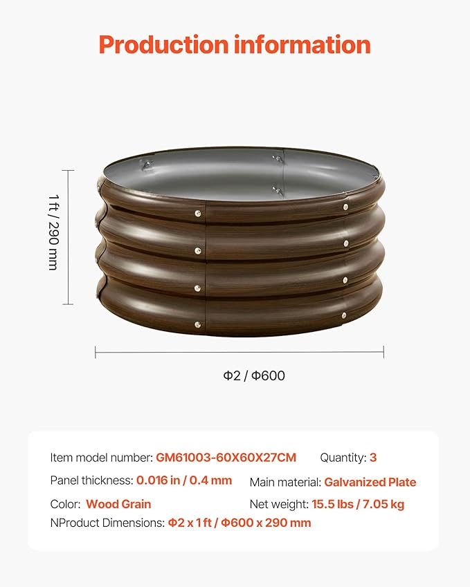 VEVOR 3 Pcs 2x2x1ft Round Galvanized Raised Garden Bed Kit Outdoor Metal Raised Beds for Gardening Vegetables Easy Assembly Garden Planter Box for Flowers Fruits with Open Base