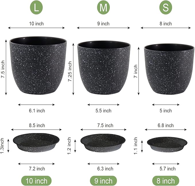 WOUSIWER Plant Pots 10/9/8 inch Set of 3 Modern Decorative Plastic Planters with Drainage Holes and Saucers for House Plants Indoor Flowers Plants Black with White Speckles