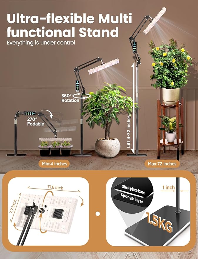 Plant Grow Light [Smart APP &amp Expansive 2x2 Ft Coverage] Genuine 60W Output LED Full Spectrum for Indoor Plants 8-Level Brightness Supports Hanging &amp Standing 270° Folding 360° Rotation
