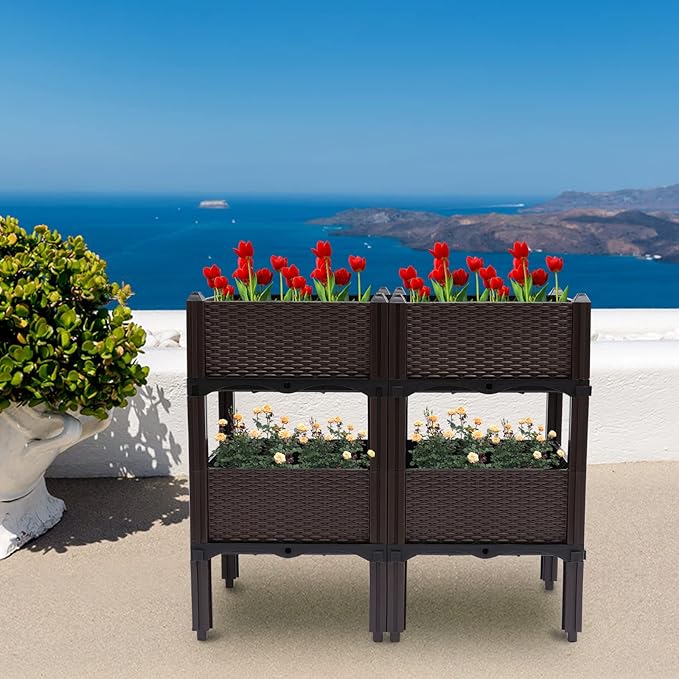 Self Watering Raised Garden Bed Self Watering Planter Raised Garden Beds Outdoor Square Planters for Outdoor Plants for Vegetables Fruits Potato Flowers (Brown)