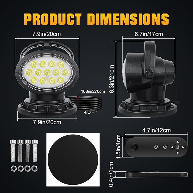 AUXTINGS 360 Degree LED Spotlight Search Light LED Rotating Remote Control Work Light with Magnetic Base for SUV Boat Home Security Protection Emergency Lighting Farm Field Garden