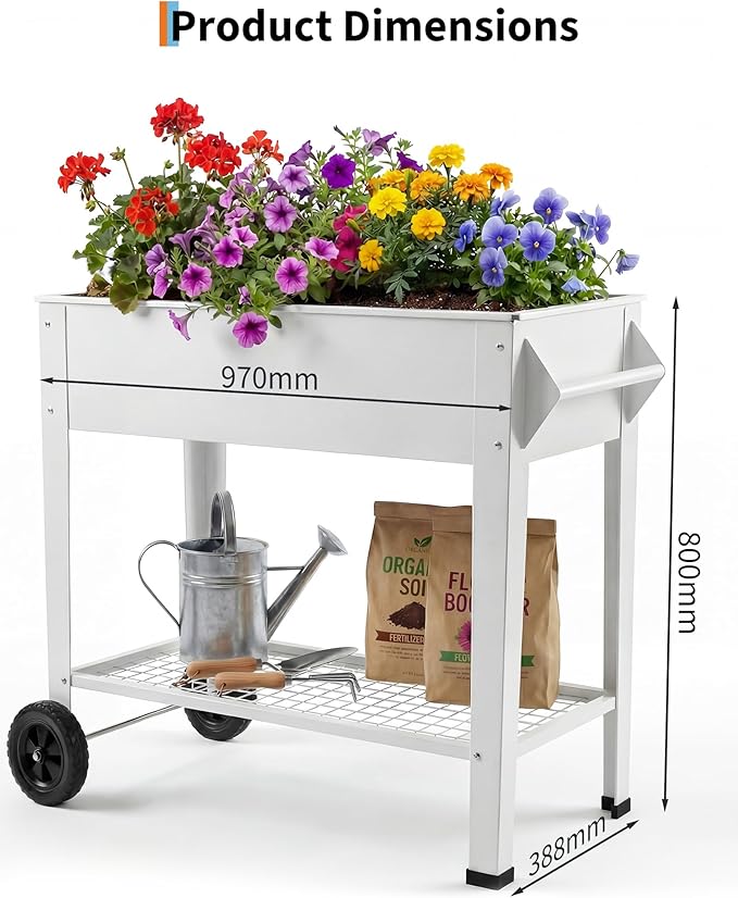 Elevate 39 Raised Garden Bed with Wheels &amp Storage Shelf 400 Lbs Capacity Anti-Rust Steel Planter Box for Vegetables &amp Herbs Patio/Balcony/Backyard