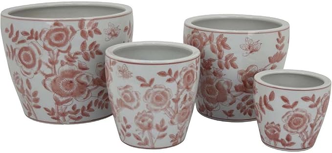 Accent Planter Pot Set of 4 Pink Floral Pattern White Ceramic